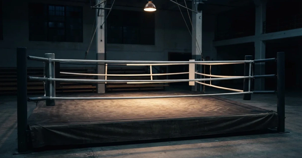 Ein Boxring mit gespannten Seilen in einer leeren Halle, ein einzelner Scheinwerfer leuchtet von oben auf die Ringmatte.