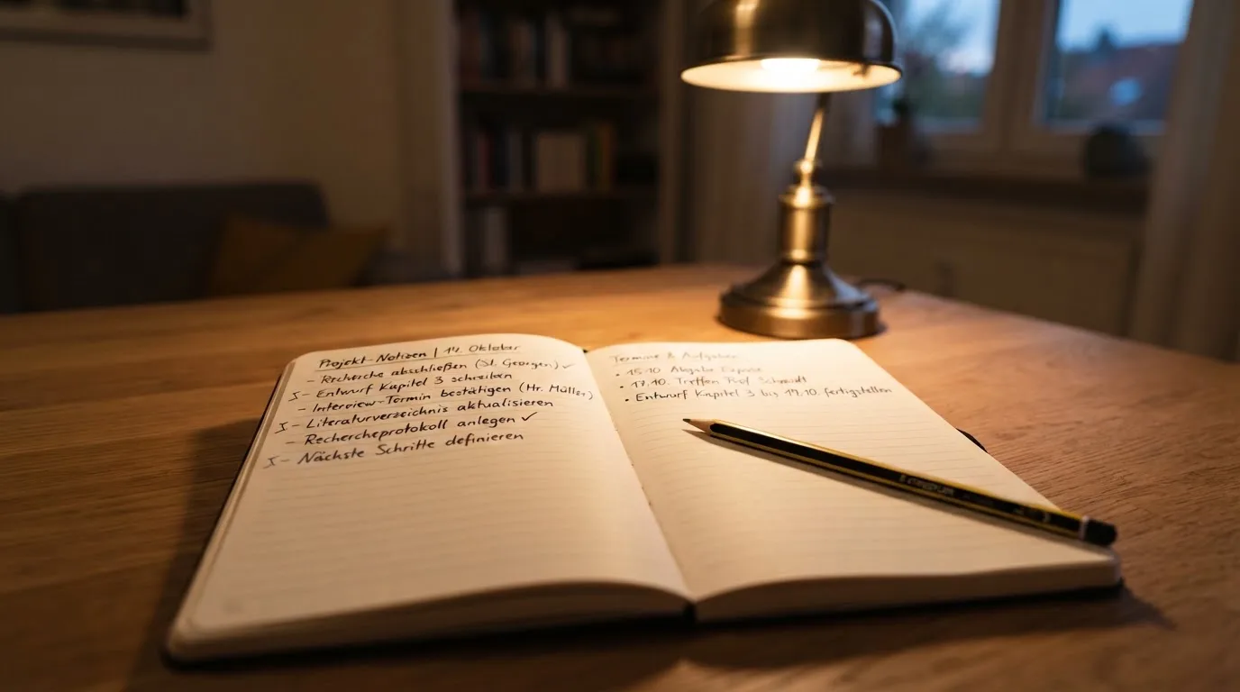Ein Notizbuch mit handschriftlichen Notizen und ein Bleistift liegen neben einer Tischlampe auf einem Schreibtisch, ruhiges Abendlicht.