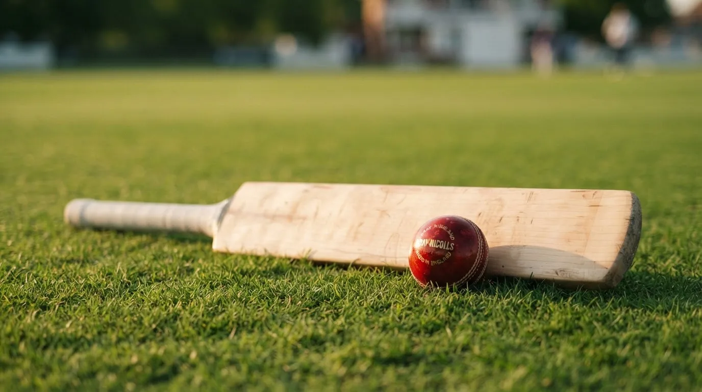 Ein Cricketschläger aus hellem Holz und ein roter Lederball liegen auf kurzem Rasen, weiches Abendlicht.