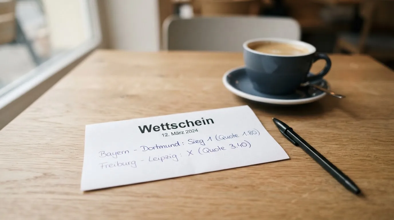 Ein leerer Wettschein aus Papier liegt neben einem Kugelschreiber und einer Tasse auf einem hellen Holztisch.