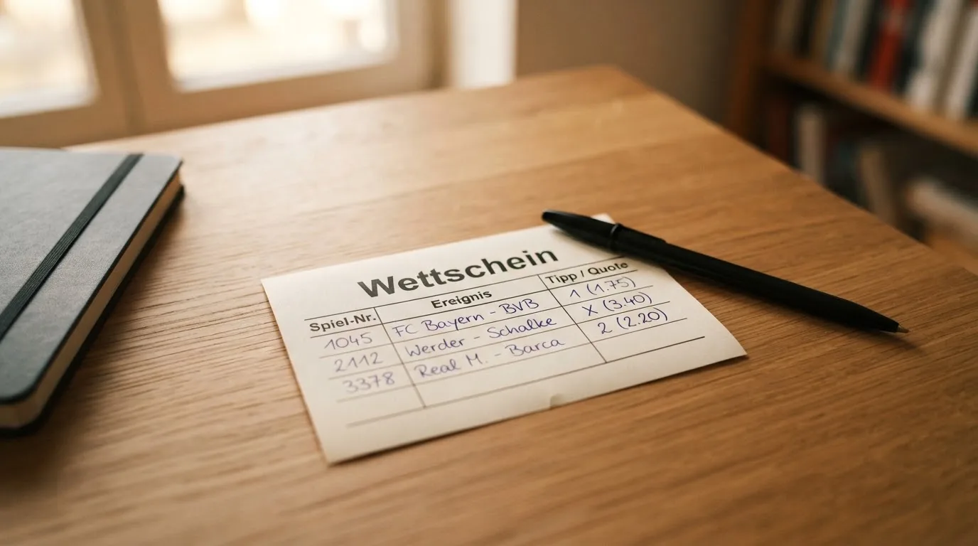 Ein leerer Papierwettschein und ein Kugelschreiber liegen auf einem aufgeräumten Schreibtisch, weiches Licht von einem Fenster.