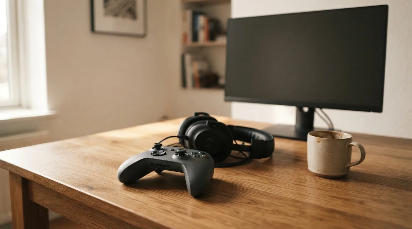 Ein Gamepad und ein Headset liegen auf einem Schreibtisch neben einer Tasse, der Bildschirm im Hintergrund ist ausgeschaltet.