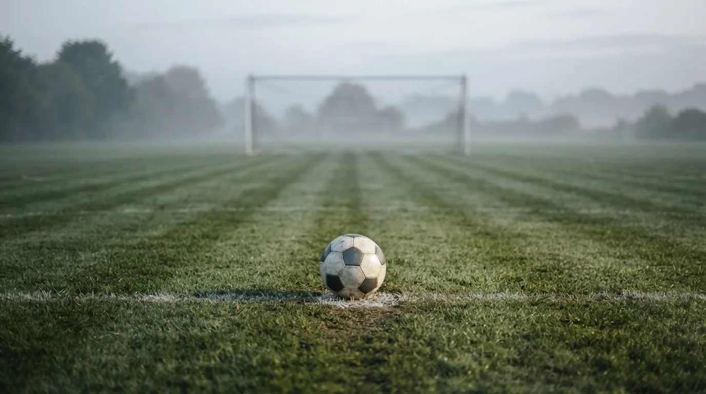 Ein Fußball liegt auf dem Elfmeterpunkt eines leeren Rasenplatzes, im Hintergrund unscharf ein Tor im Morgendunst.