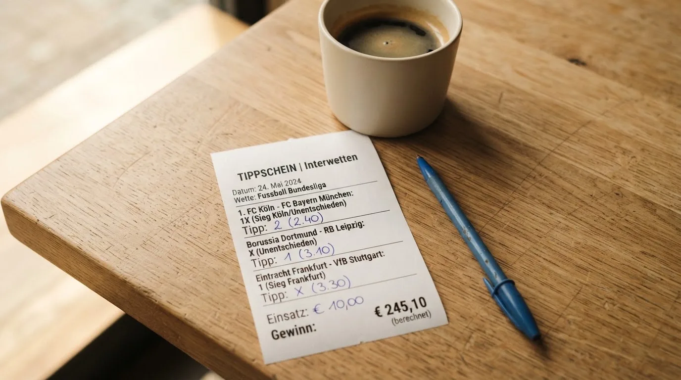 Ein leerer Wettschein aus Papier liegt neben einem Kugelschreiber und einer Tasse auf einem hellen Holztisch.