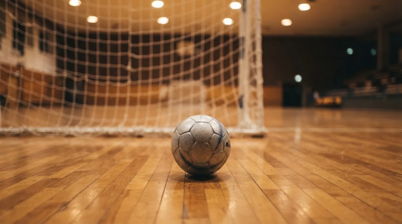 Ein kleiner schwerer Ball liegt in einer Halle auf dem Parkett vor einem Tor, warmes Licht aus den Deckenstrahlern.