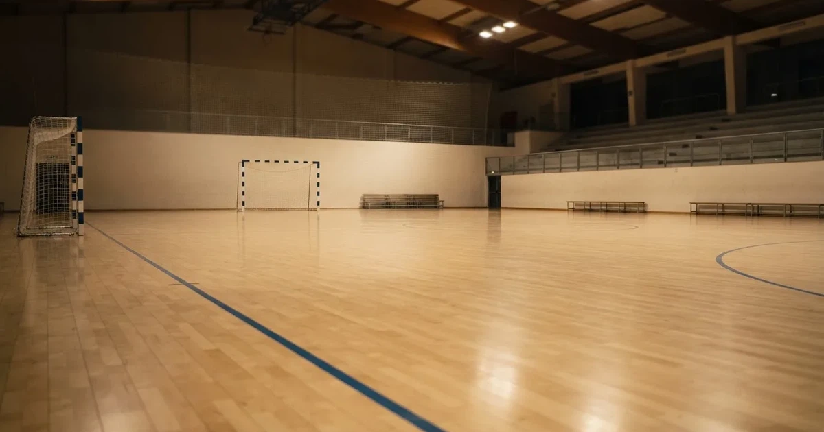 Eine leere Sporthalle mit hellem Hallenboden, kleinen Toren an beiden Enden und blauen Linien, Licht fällt von oben.
