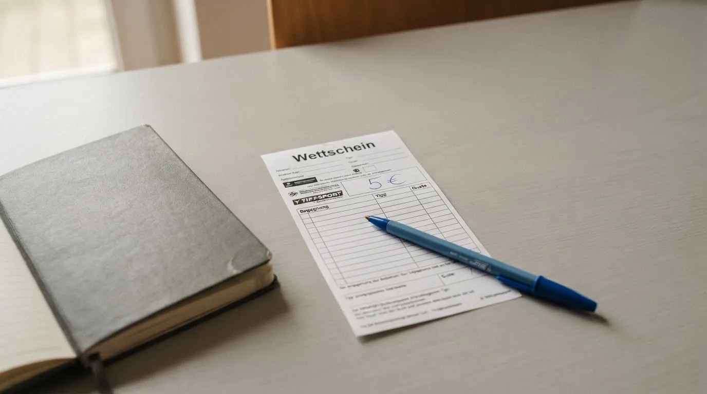 Ein leerer Papierwettschein und ein Kugelschreiber liegen auf einer glatten Schreibtischplatte neben einem Notizbuch.