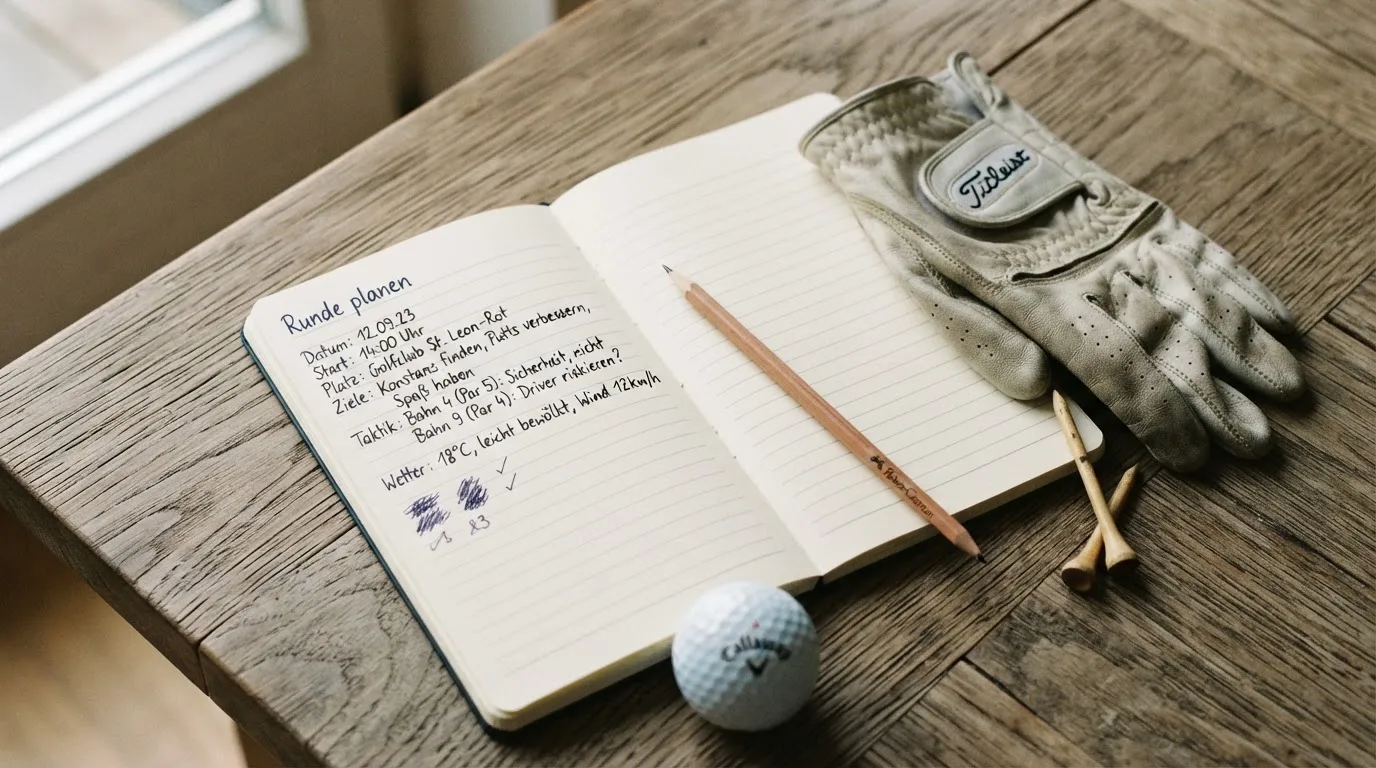 Ein Notizbuch mit handschriftlichen Notizen und ein Bleistift liegen neben einem Golfhandschuh und einem Tee auf einem Holztisch.