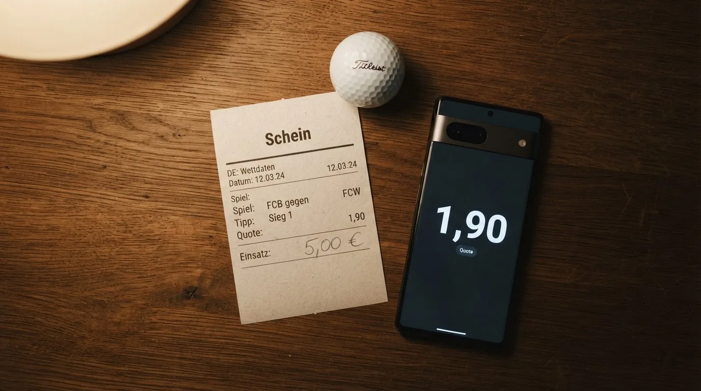 Ein leerer Wettschein aus Papier liegt neben einem Smartphone mit dunklem Display auf einem Tisch, daneben ein einzelner Golfball.