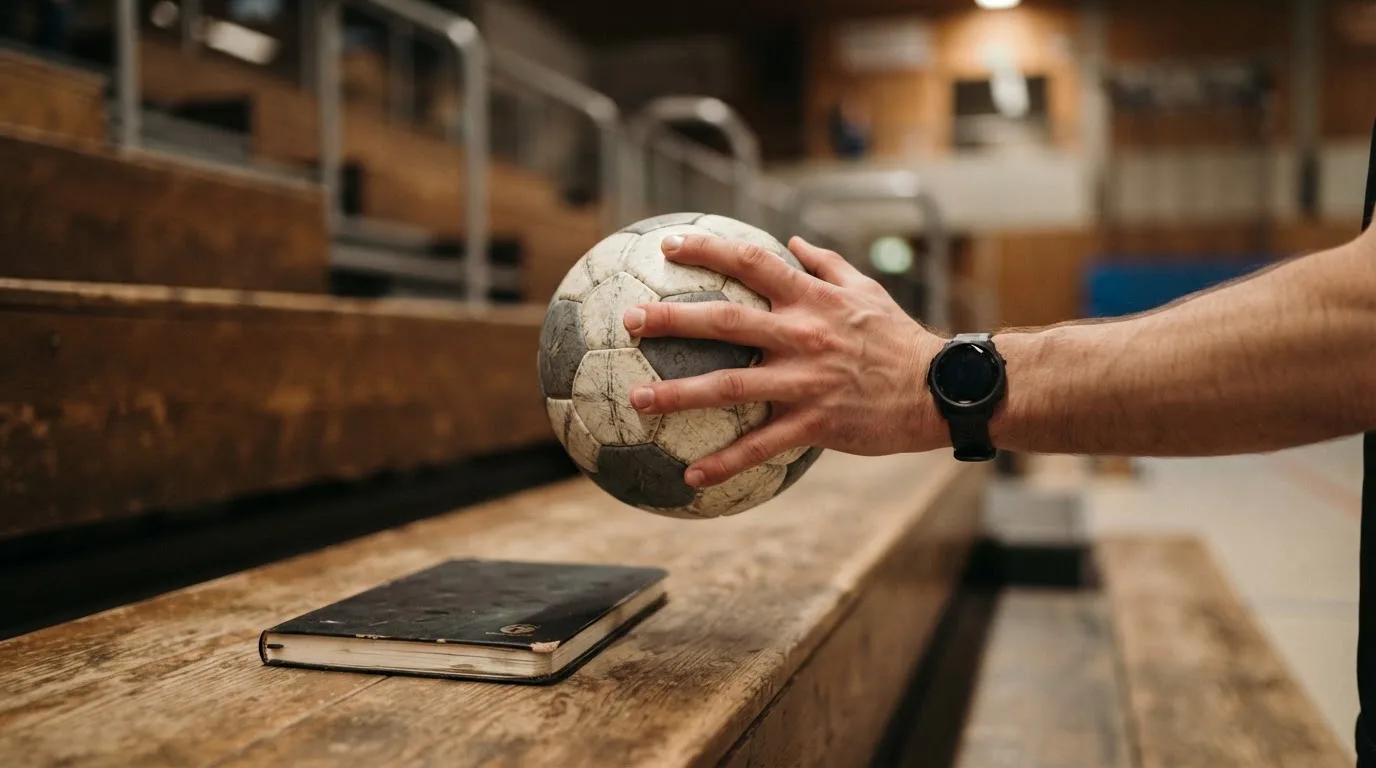 Eine Hand hält einen Handball, im Hintergrund eine unscharfe Tribüne, daneben liegt ein Notizblock auf einer Bank.