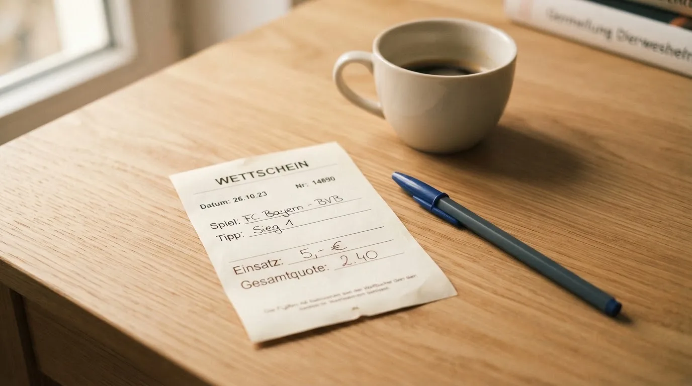 Ein leerer Wettschein aus Papier und ein Kugelschreiber liegen auf einem Schreibtisch neben einer Tasse Kaffee im Tageslicht.