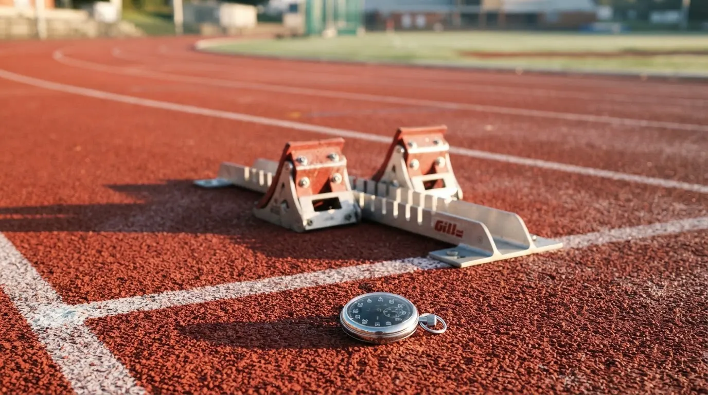 Startblöcke stehen auf einer Tartanbahn im Morgenlicht, im Vordergrund liegt eine Stoppuhr auf dem Boden.