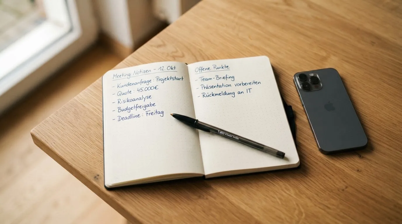 Ein Notizbuch mit handschriftlichen Notizen und ein Stift liegen auf einem Holztisch neben einem Smartphone mit dunklem Bildschirm.