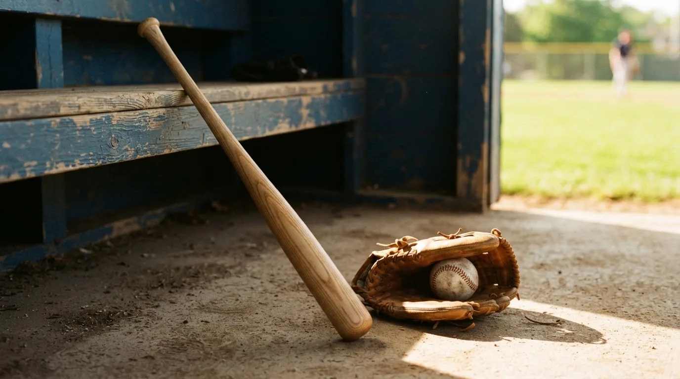 Ein Baseballschläger lehnt an einer Bank im Dugout, daneben liegen ein Handschuh und ein Ball im Licht der Nachmittagssonne.