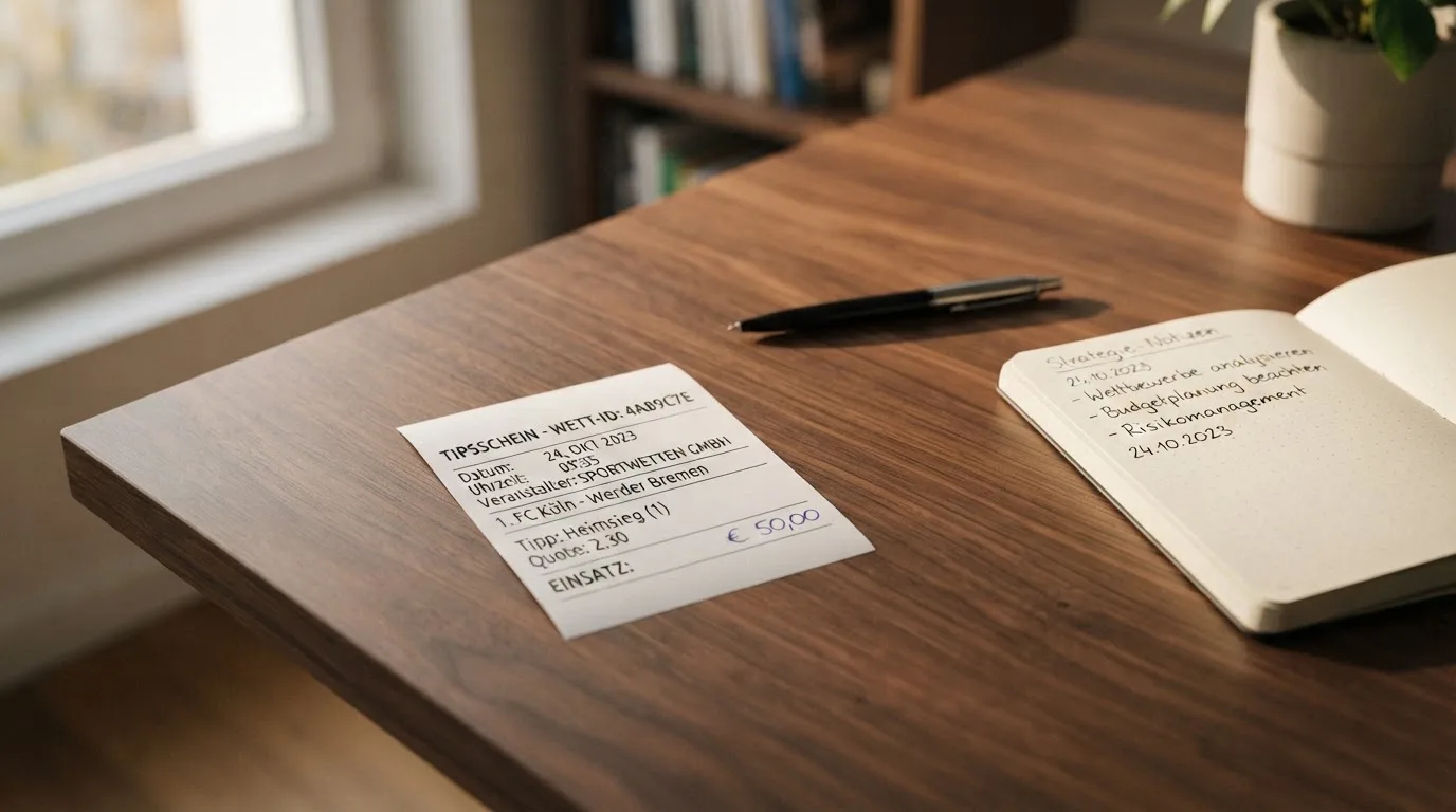 Ein leerer Wettschein aus Papier liegt neben einem Notizbuch und einem Stift auf einem aufgeräumten Schreibtisch.