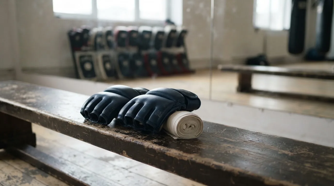 Ein Paar Kampfhandschuhe und eine Bandage liegen auf einer Holzbank in einem Trainingsraum mit Spiegelwand.