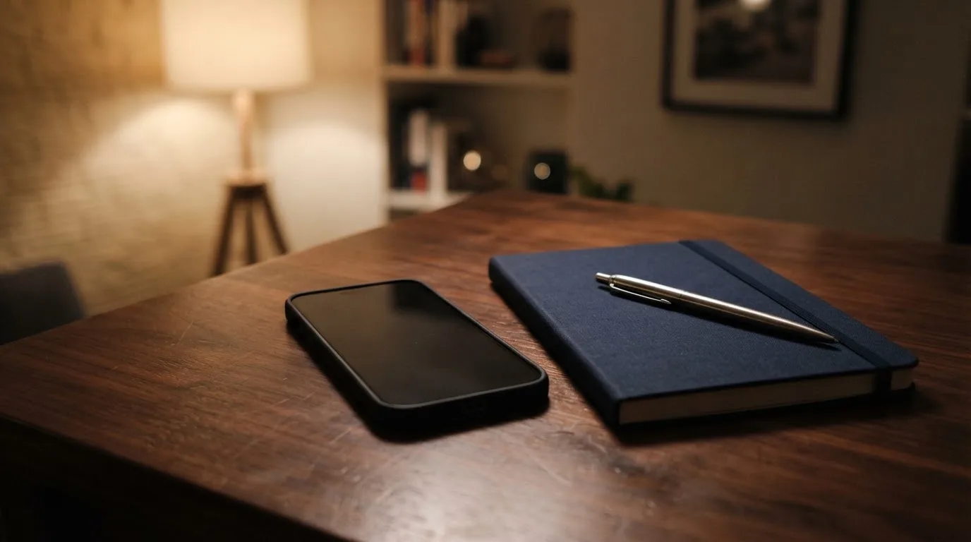 Ein Smartphone mit dunklem Display liegt neben einem Notizbuch und einem Kugelschreiber auf einem Tisch.
