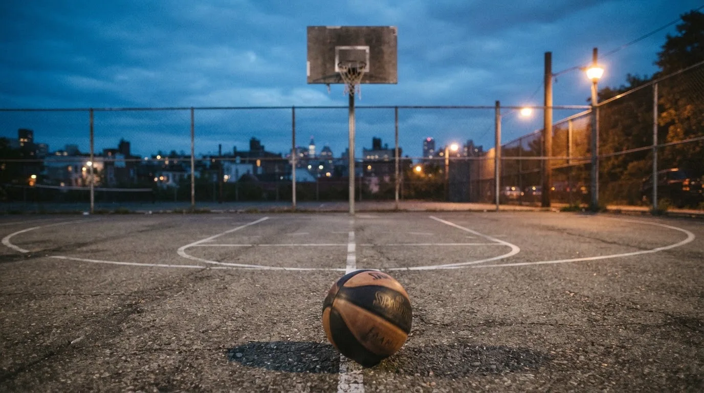 Ein Basketball rollt auf einem Freiluftplatz in der Abenddämmerung zu einem Korb, die Straßenlaternen leuchten bereits.