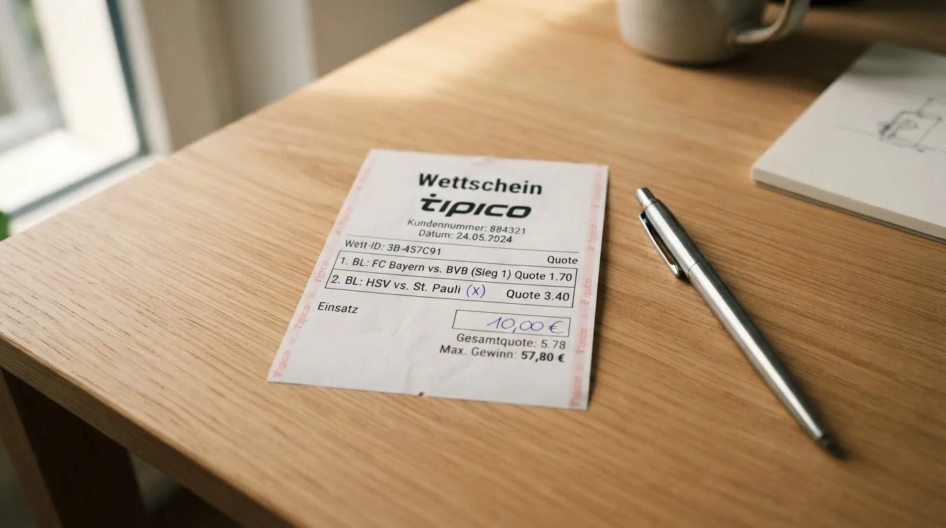 Ein leerer Wettschein aus Papier liegt neben einem Kugelschreiber auf einem Schreibtisch im Tageslicht.