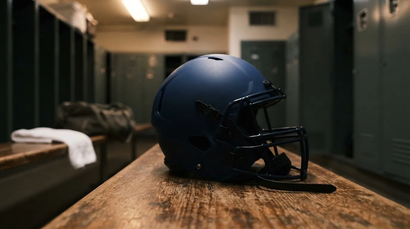 Ein neutraler Footballhelm ohne Aufdruck steht auf einer Holzbank in einer Umkleidekabine.