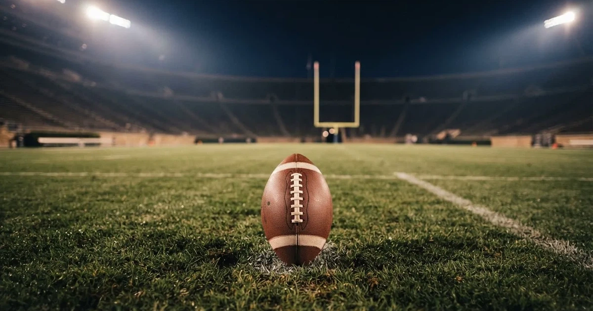 Ein American Football liegt auf dem Rasen eines leeren Stadions unter Flutlicht, die Torstangen ragen im Hintergrund auf.