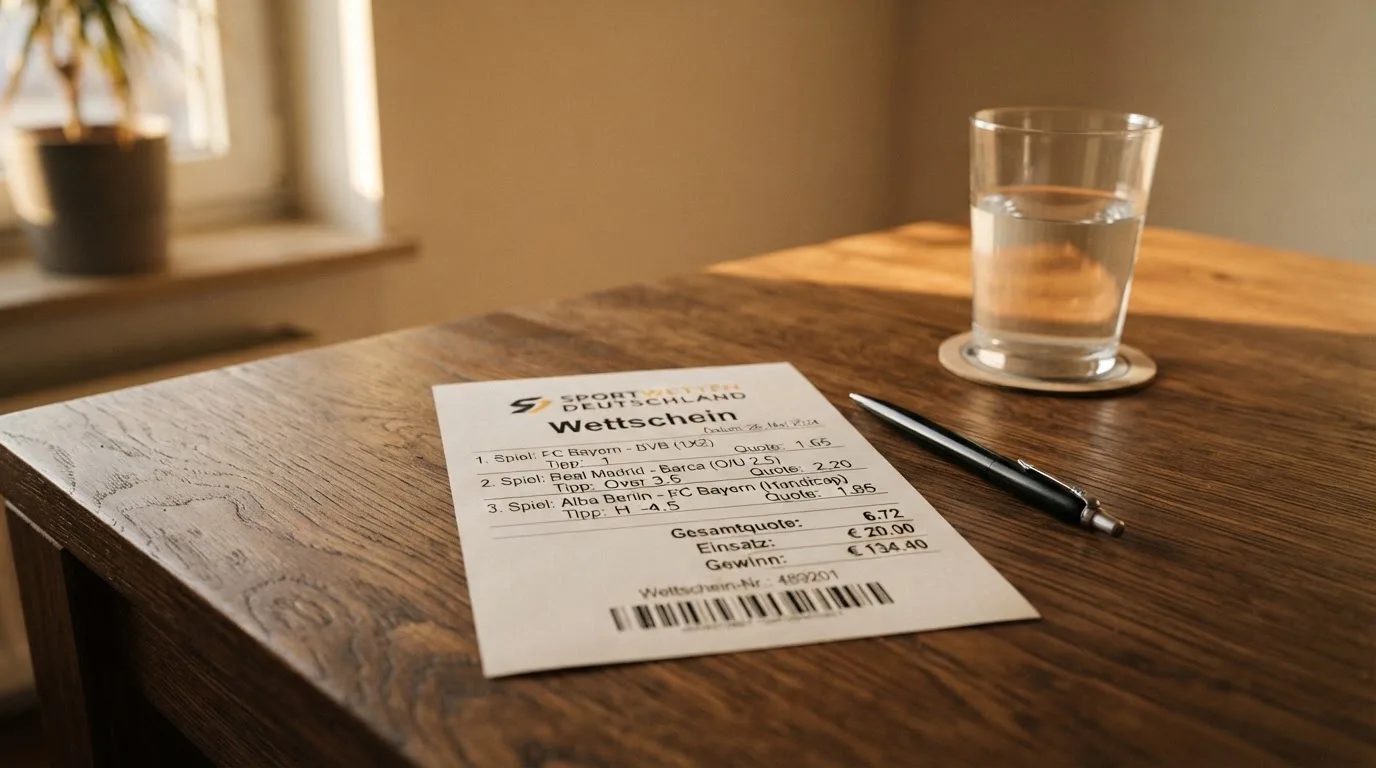 Ein leerer Wettschein aus Papier liegt neben einem Stift auf einem Tisch, daneben ein Glas Wasser.