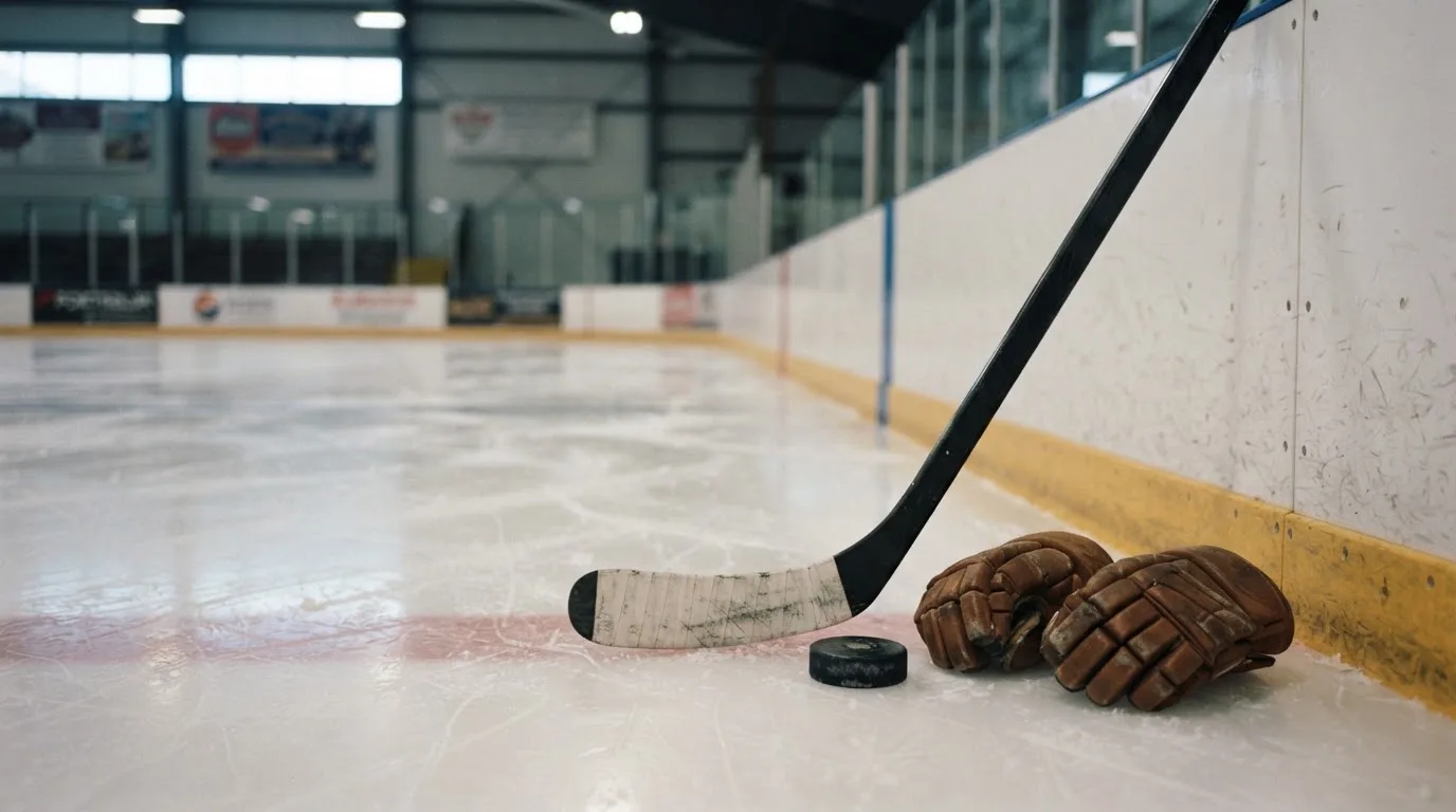 Ein Eishockeyschläger lehnt an einer Bande, daneben liegen ein Puck und ein Paar Handschuhe in einer Eishalle.