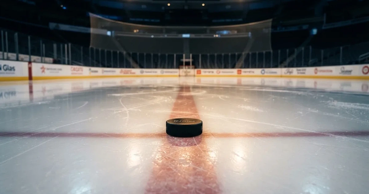 Eine leere Eisfläche in einer Halle mit Banden und Flutlicht, auf dem Eis liegt ein einzelner Puck.