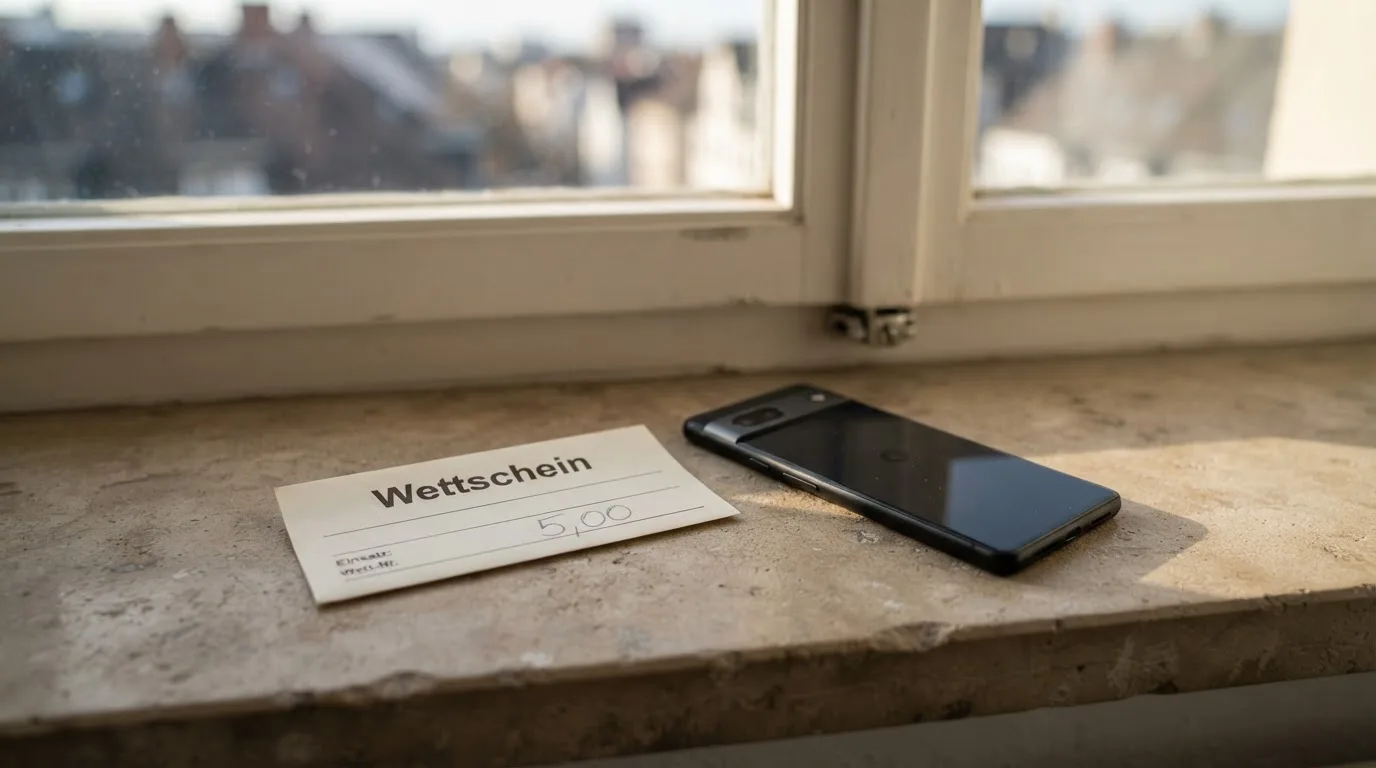 Ein leerer Wettschein aus Papier und ein Smartphone mit dunklem Display liegen auf einer Fensterbank im Tageslicht.