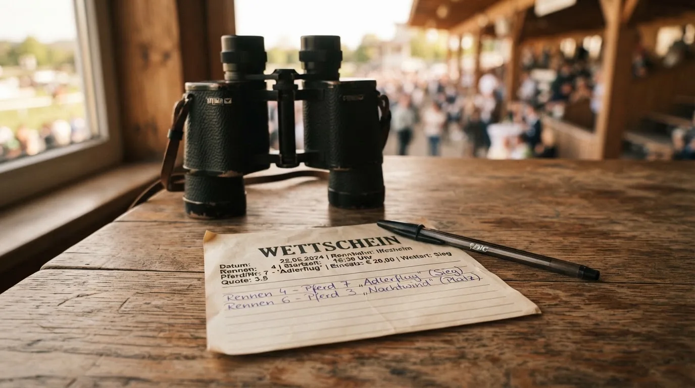 Ein leerer Wettschein aus Papier und ein Kugelschreiber liegen auf einem Holztisch neben einem Fernglas.