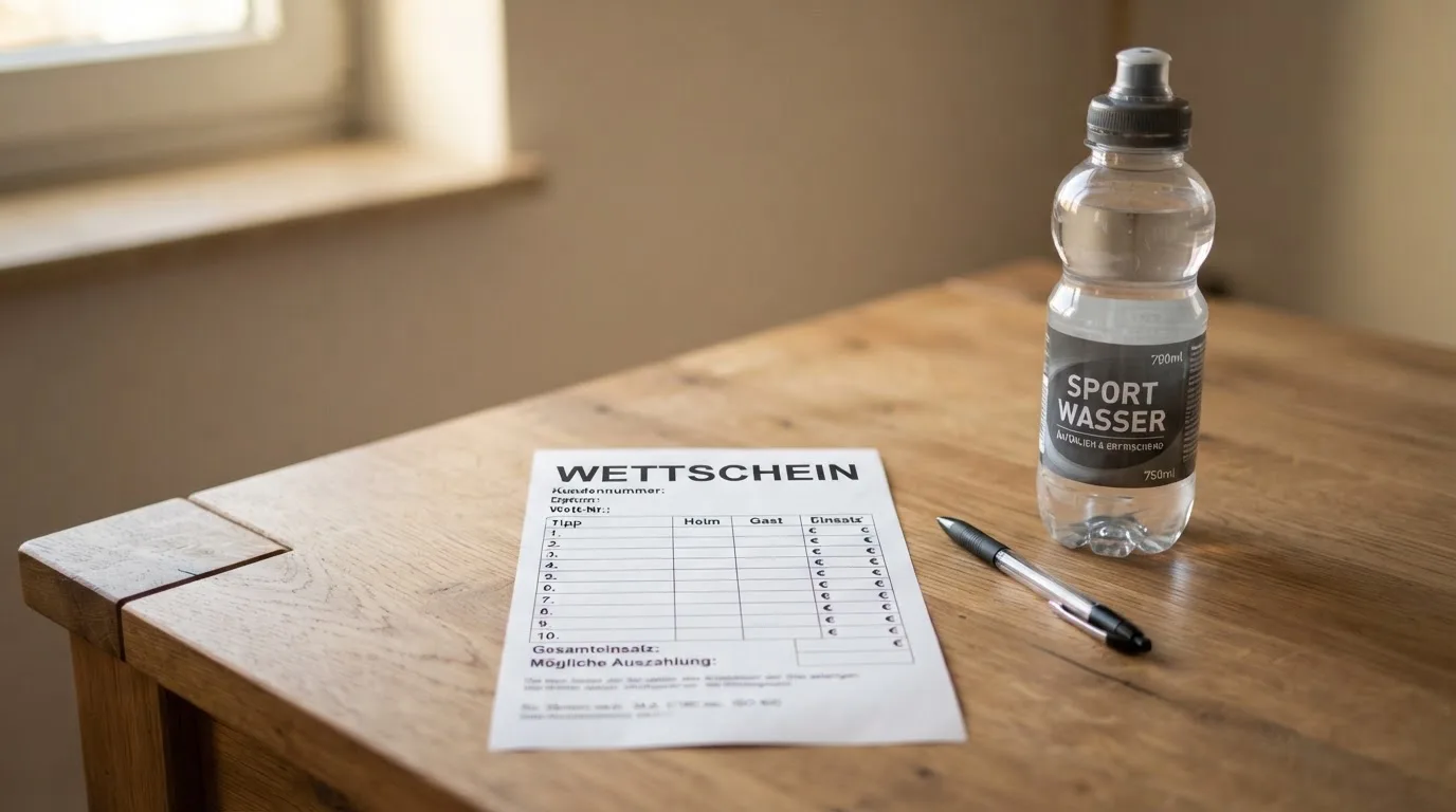 Ein leerer Wettschein aus Papier liegt neben einer Trinkflasche und einem Stift auf einem Tisch.
