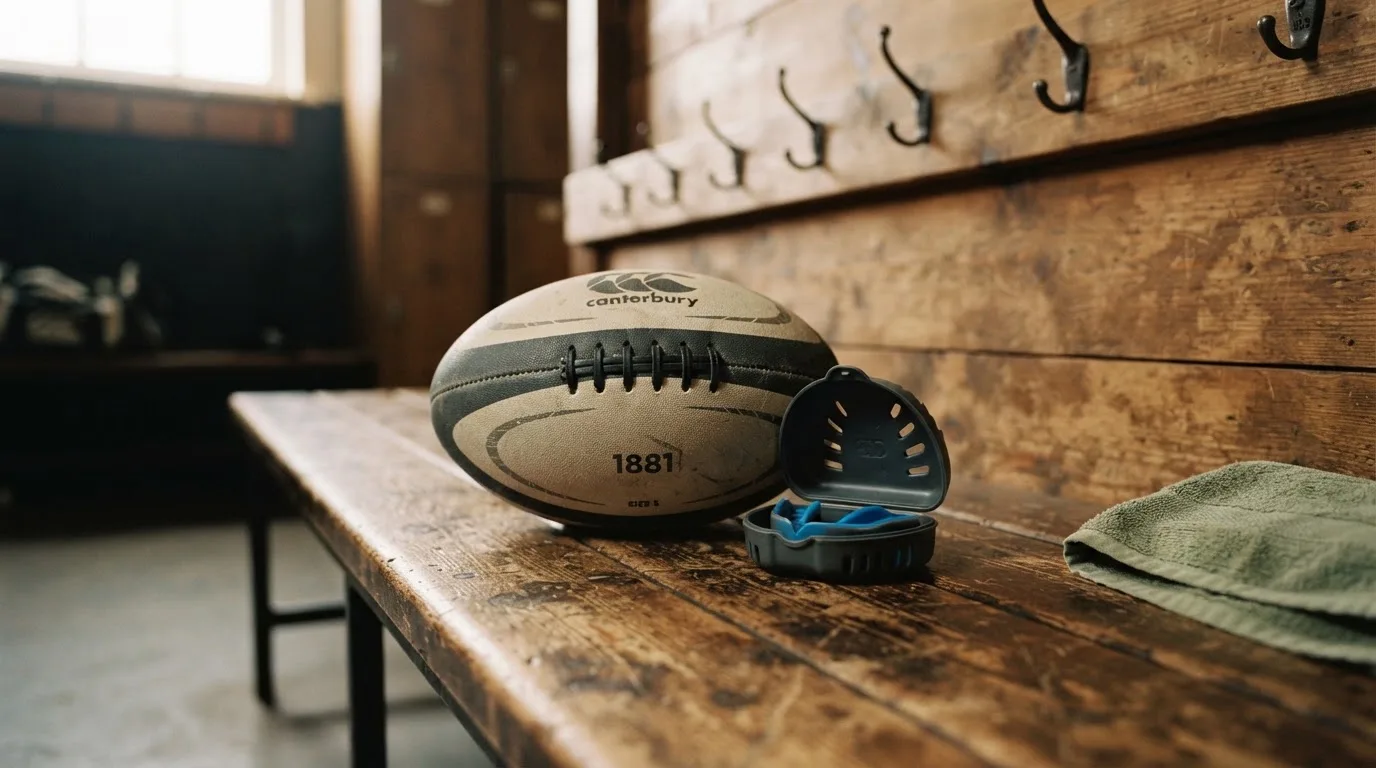 Ein Rugbyball und ein Mundschutz liegen auf einer Holzbank neben einer Reihe Kleiderhaken in einer Umkleide.