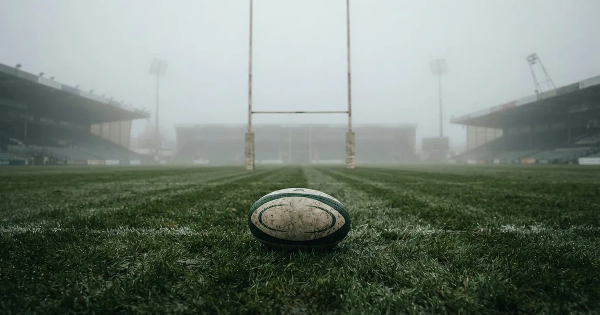 Ein ovaler Rugbyball liegt vor den hohen Torstangen auf nassem Rasen, über dem Stadion zieht Nebel auf.