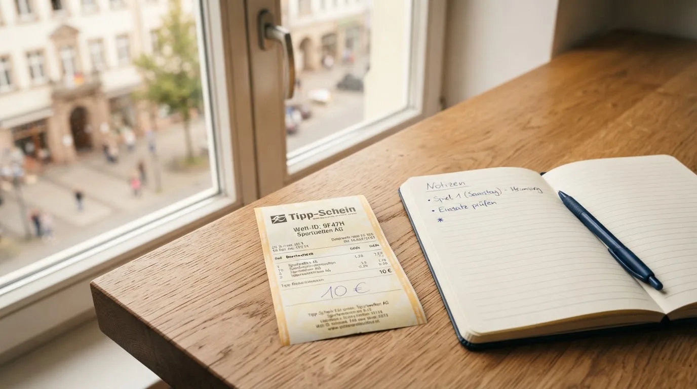 Ein leerer Wettschein aus Papier liegt neben einem Notizbuch und einem Stift auf einem Schreibtisch am Fenster.