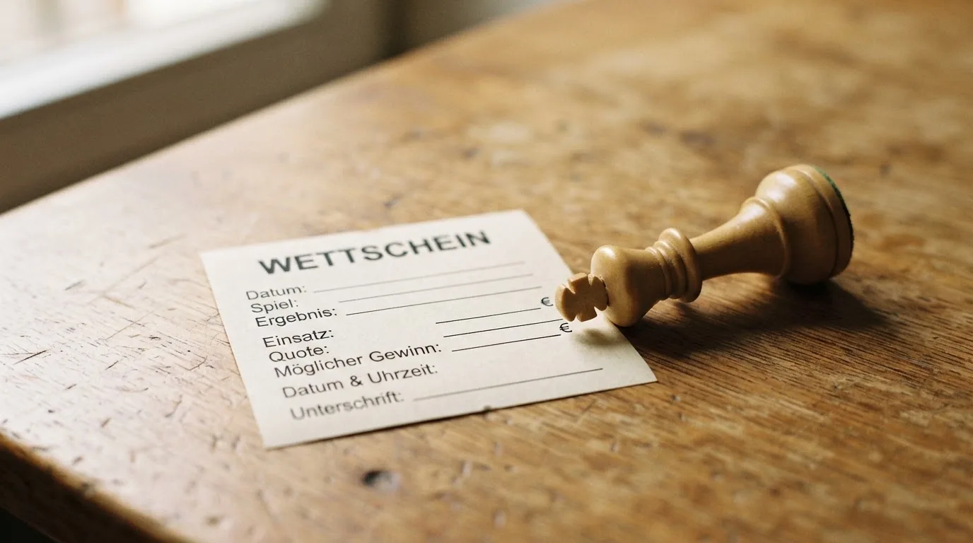 Ein leerer Wettschein aus Papier liegt neben einem umgekippten weißen Schachkönig auf einem Holztisch.