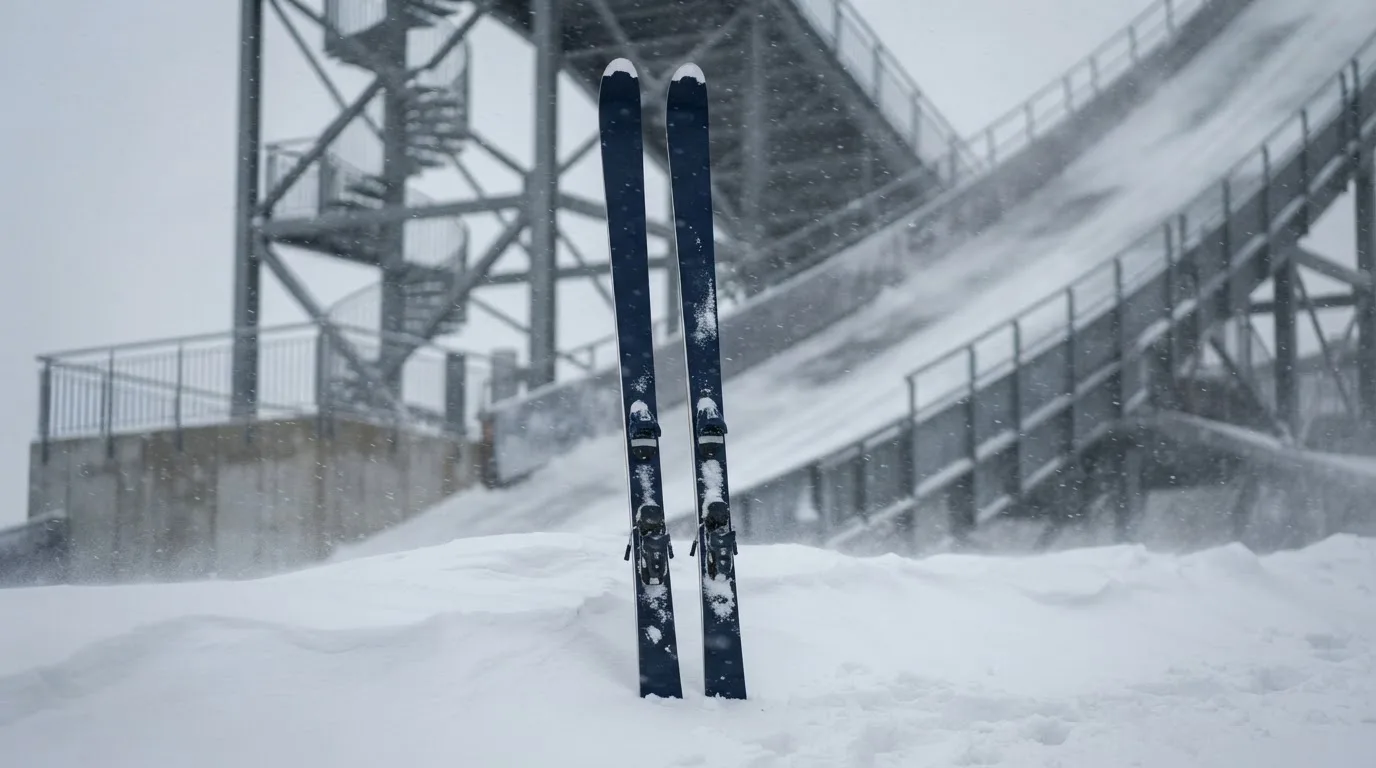 Ein Paar Skier steckt aufrecht im Schnee neben einem Anlaufturm, im Hintergrund wirbelt feiner Schnee im Wind.