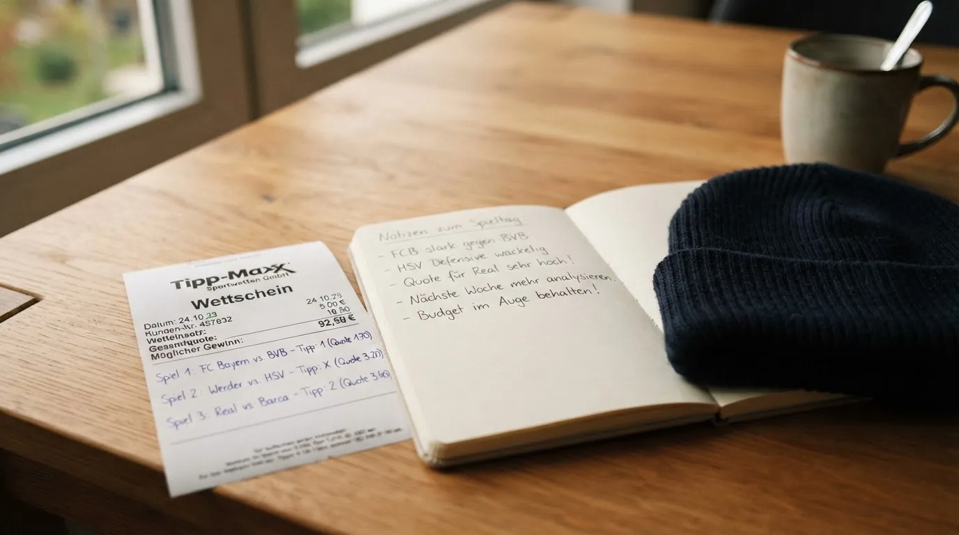 Ein leerer Wettschein aus Papier und ein Notizbuch liegen neben einer Wollmütze auf einem Holztisch.