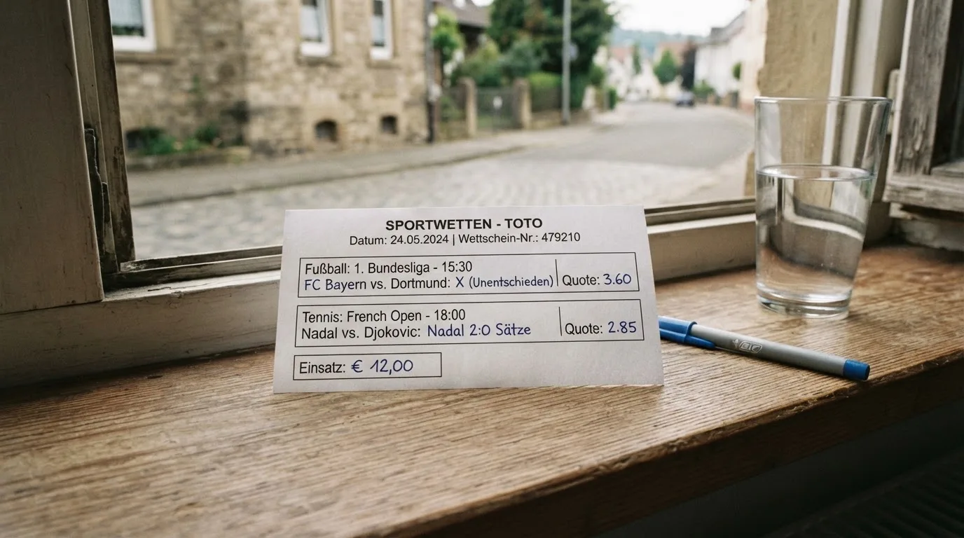 Ein leerer Wettschein aus Papier und ein Kugelschreiber liegen neben einem Glas Wasser auf einer Fensterbank.