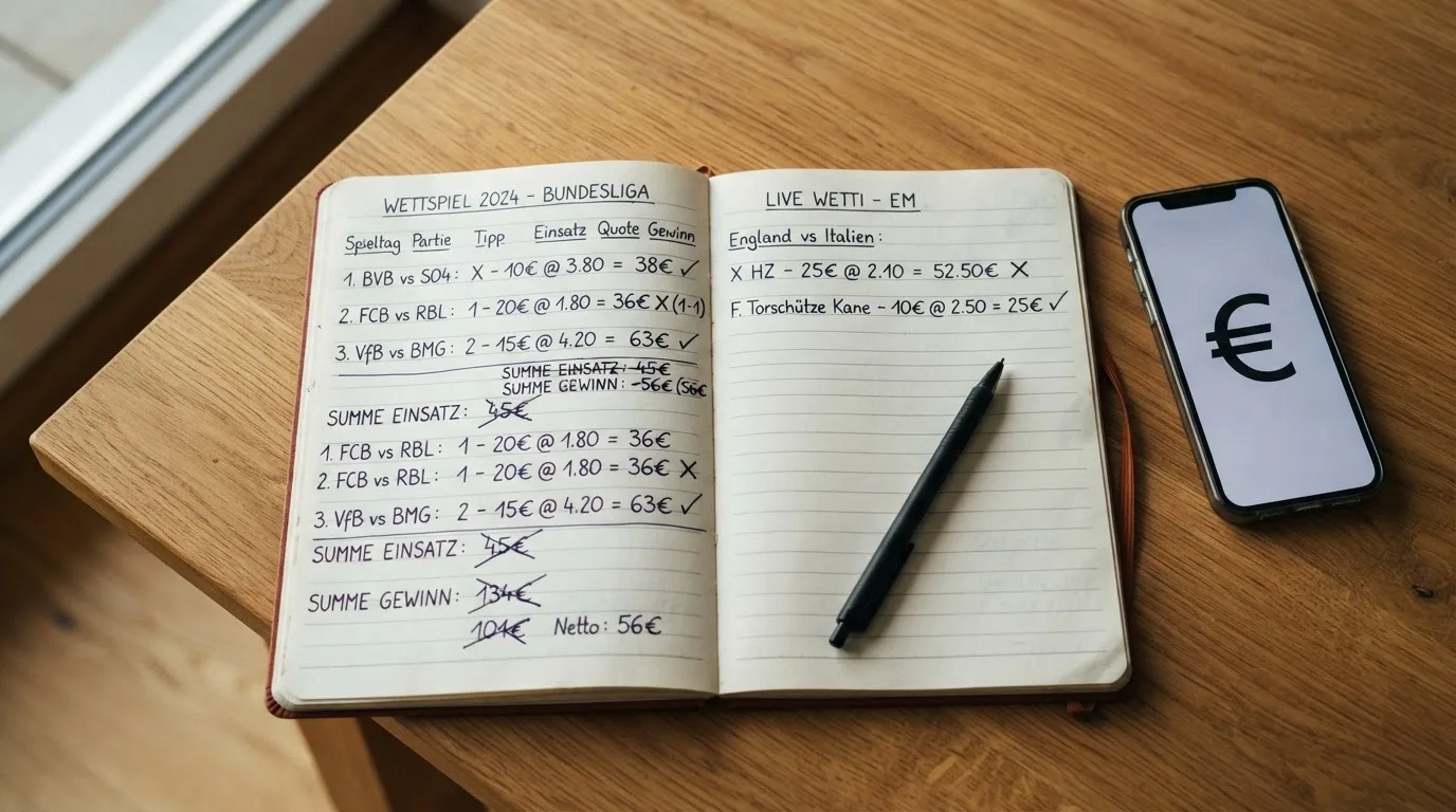 Ein aufgeschlagenes Notizbuch mit handschriftlichen Rechnungen liegt neben Stift und Smartphone auf einem Holztisch im Tageslicht.