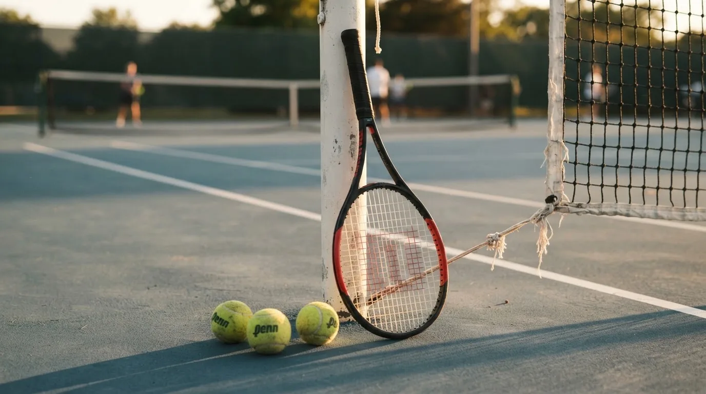 Ein Tennisschläger lehnt an einem Netzpfosten, daneben liegen drei Bälle auf einem Hartplatz in warmem Nachmittagslicht.