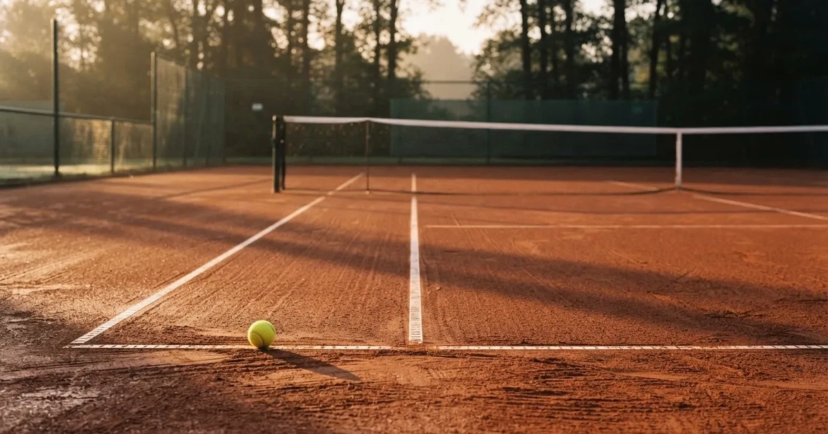 Ein Sandplatz am frühen Morgen mit frisch gezogenen Linien, einem Netz in der Mitte und einem gelben Ball auf der Grundlinie.