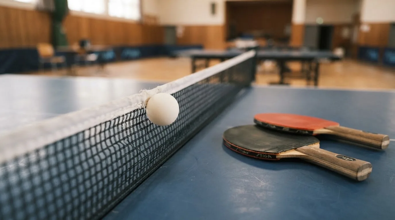Ein weißer Ball liegt in Nahaufnahme auf der Netzkante einer Tischtennisplatte, daneben zwei Holzschläger mit rotem und schwarzem Belag.