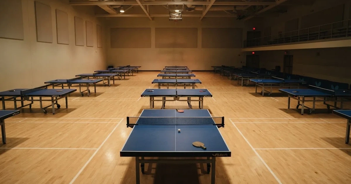 Eine Tischtennishalle aus erhöhter Perspektive mit mehreren blauen Tischen in Reihen unter gedämpftem Hallenlicht, ohne Personen.