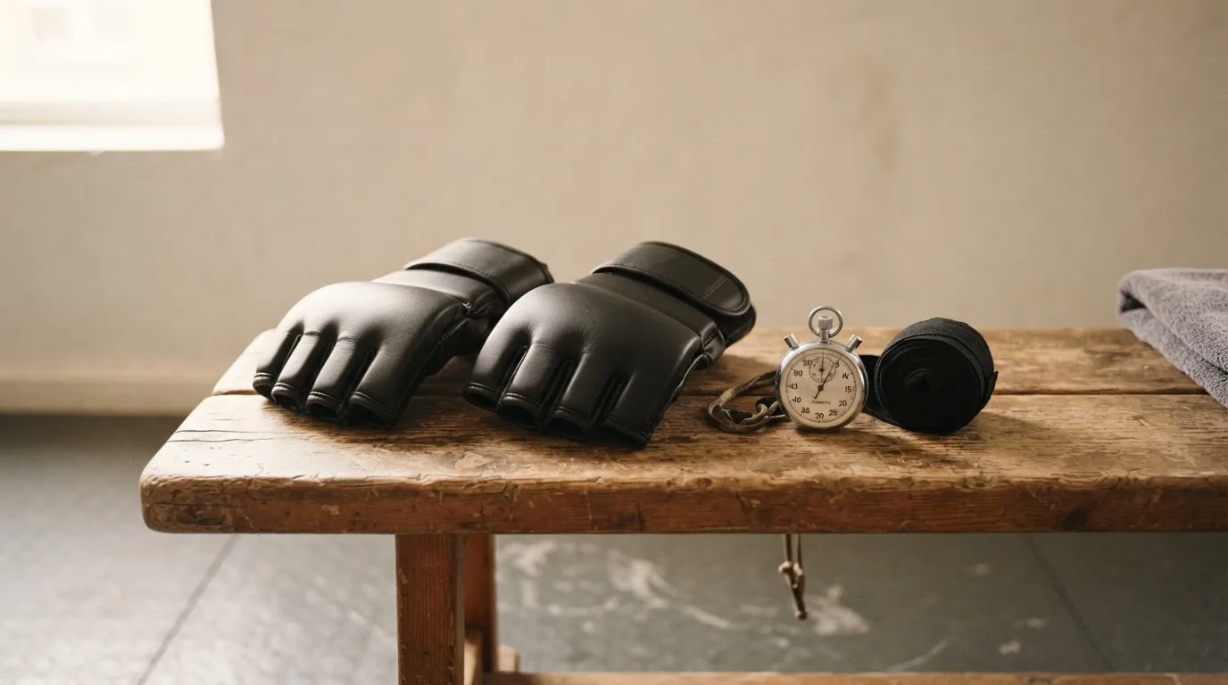 Ein Paar Kampfhandschuhe und eine Stoppuhr liegen auf einer Bank im Trainingsraum neben einer aufgerollten Handbandage.