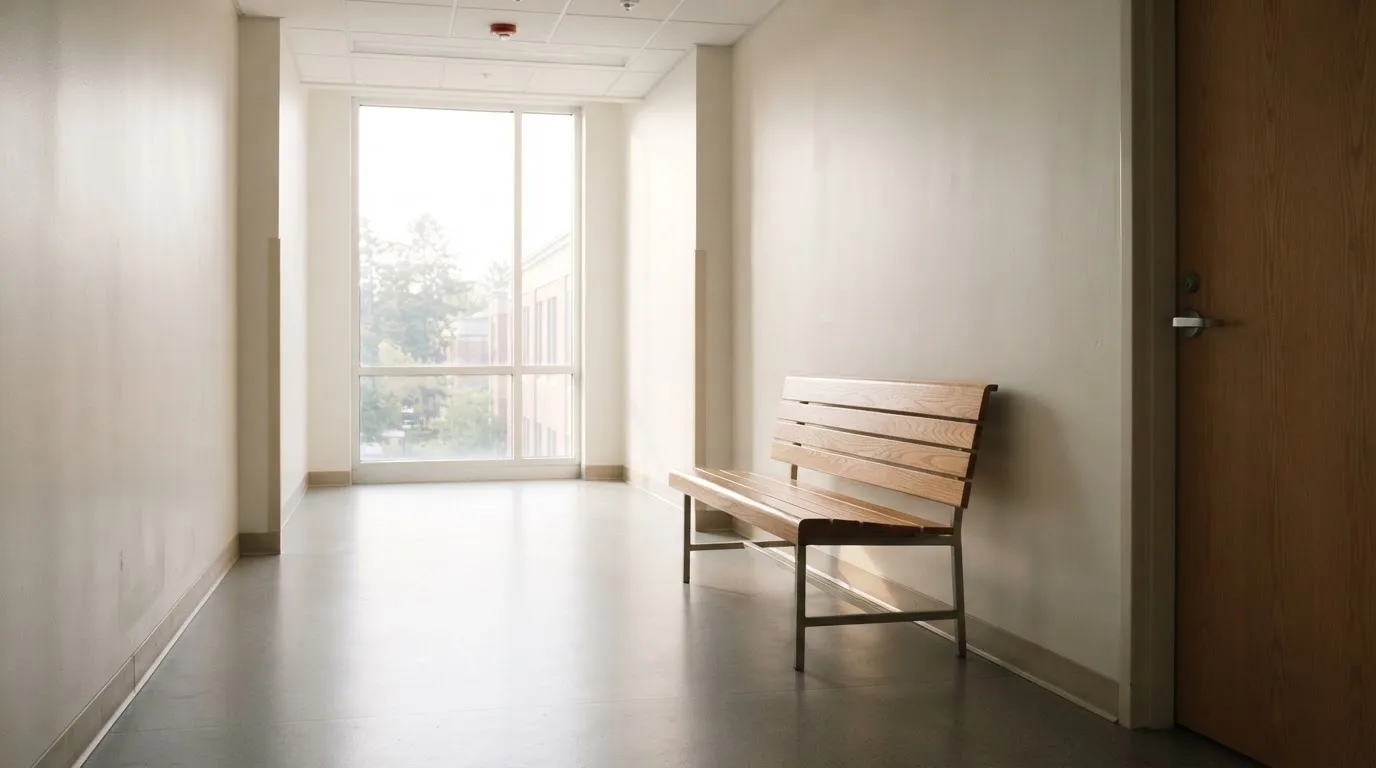 Ein heller Flur in einem Verwaltungsgebäude mit einer leeren Holzbank und einem Fenster, durch das Morgenlicht fällt.