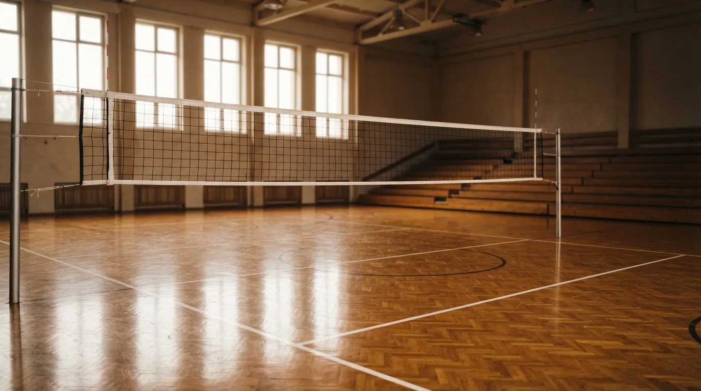 Eine leere Sporthalle mit gespanntem Volleyballnetz und glänzendem Parkett, durch hohe Fenster fällt Tageslicht.