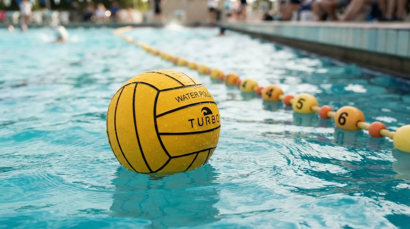Ein gelber Wasserball treibt in Nahaufnahme auf der Wasseroberfläche neben einer Leine mit Bojen.