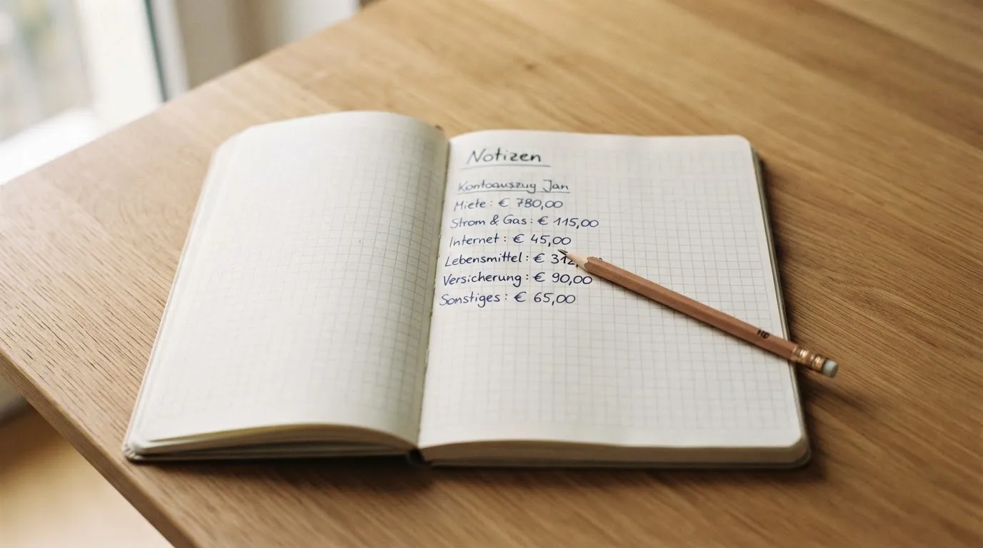 Ein Notizbuch mit handschriftlichen Spalten und einem Bleistift liegt auf einem Schreibtisch neben einem Taschenrechner.