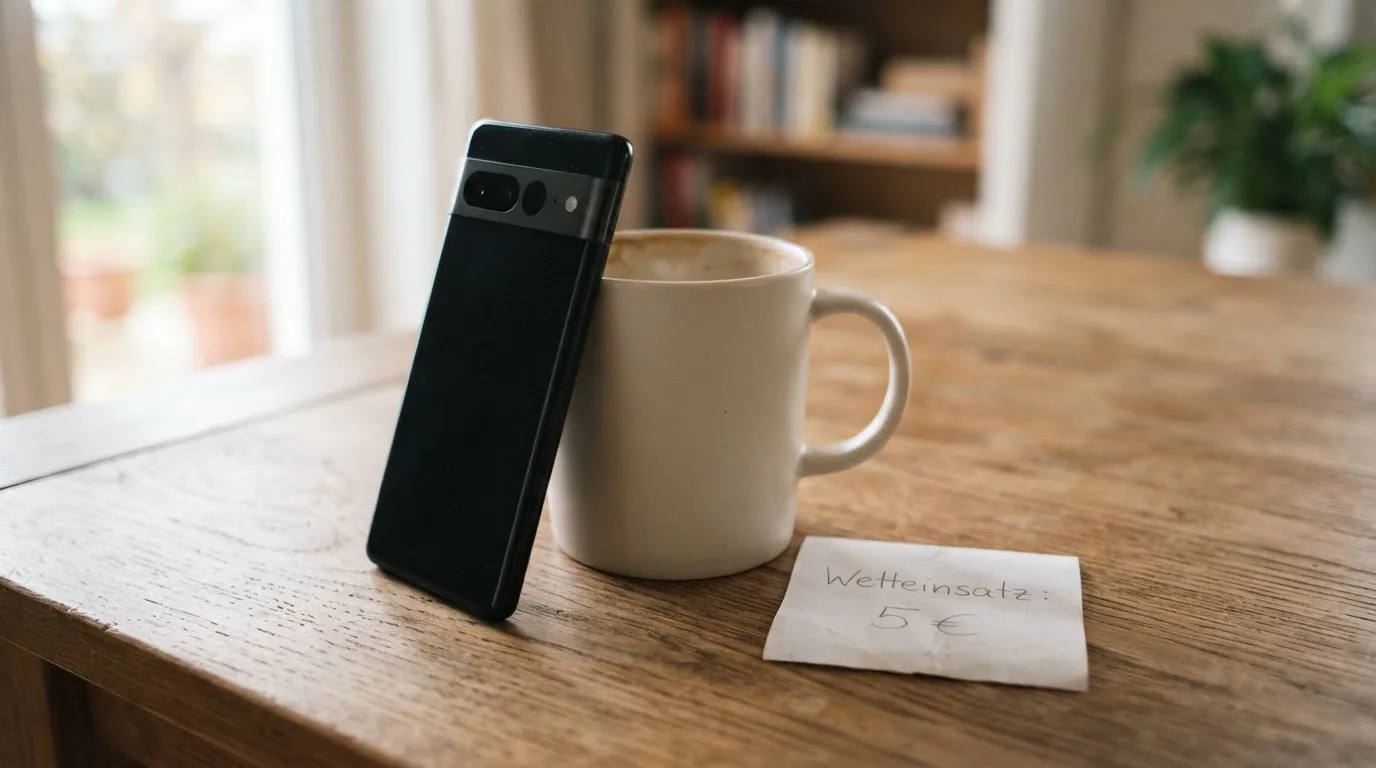 Ein Smartphone mit dunklem Bildschirm lehnt an einer Kaffeetasse auf einem Holztisch, daneben ein blanker Papier-Wettschein.