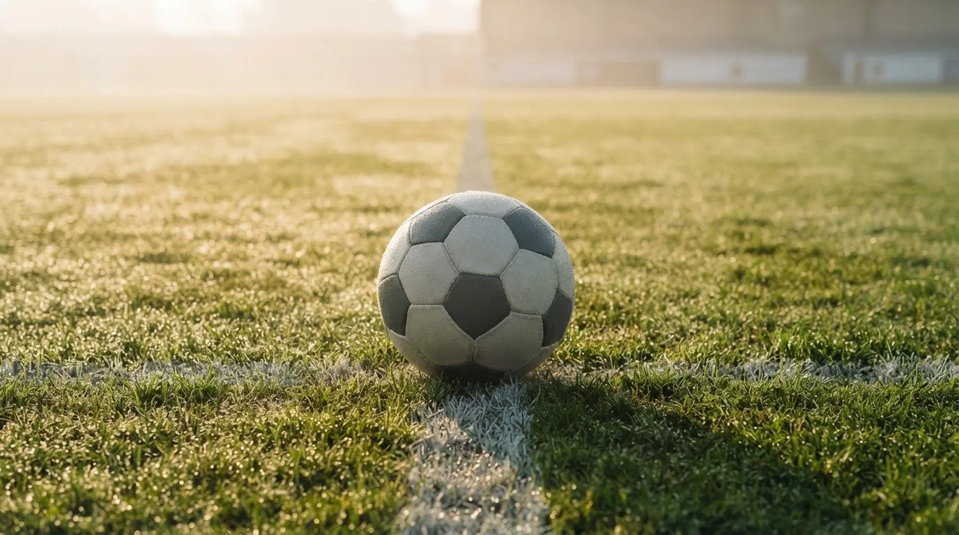 Ein Fußball liegt auf dem Anstoßpunkt eines Rasenplatzes im ersten Morgenlicht, Tau glänzt auf dem Gras.